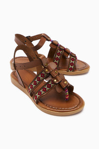 Echtes Leder Heam Tan Ethnisches Muster Damen Sandale