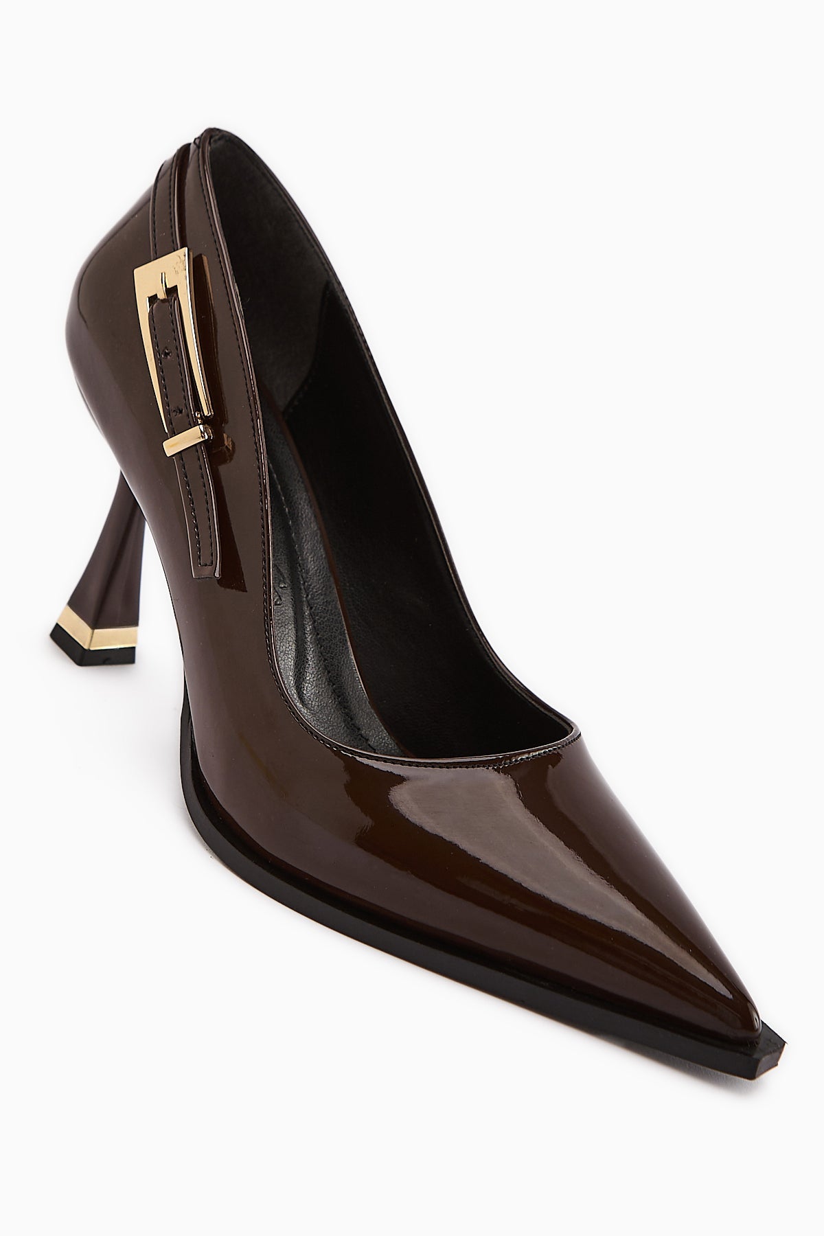 Mithra Coffee Patent Leather Pointed Toe Buckle Detailed Heeled Shoe