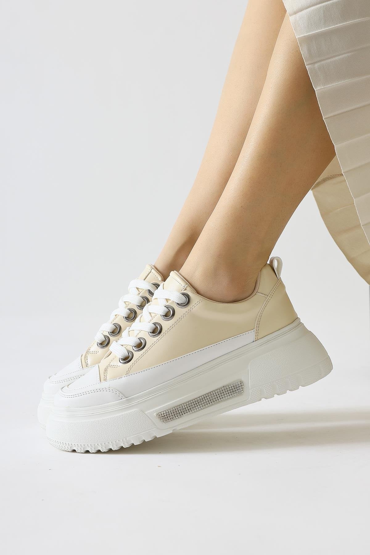 Rosella Beige Thick Soled Stone Detailed Lace-Up Sneakers