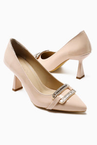 Ania Beige Patent Leather Pointed Toe Stone Buckle Detailed Heeled Women's Shoes