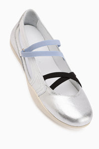 Mary Genuine Leather Silver Cross Elastic Band Women’s Ballet Flats