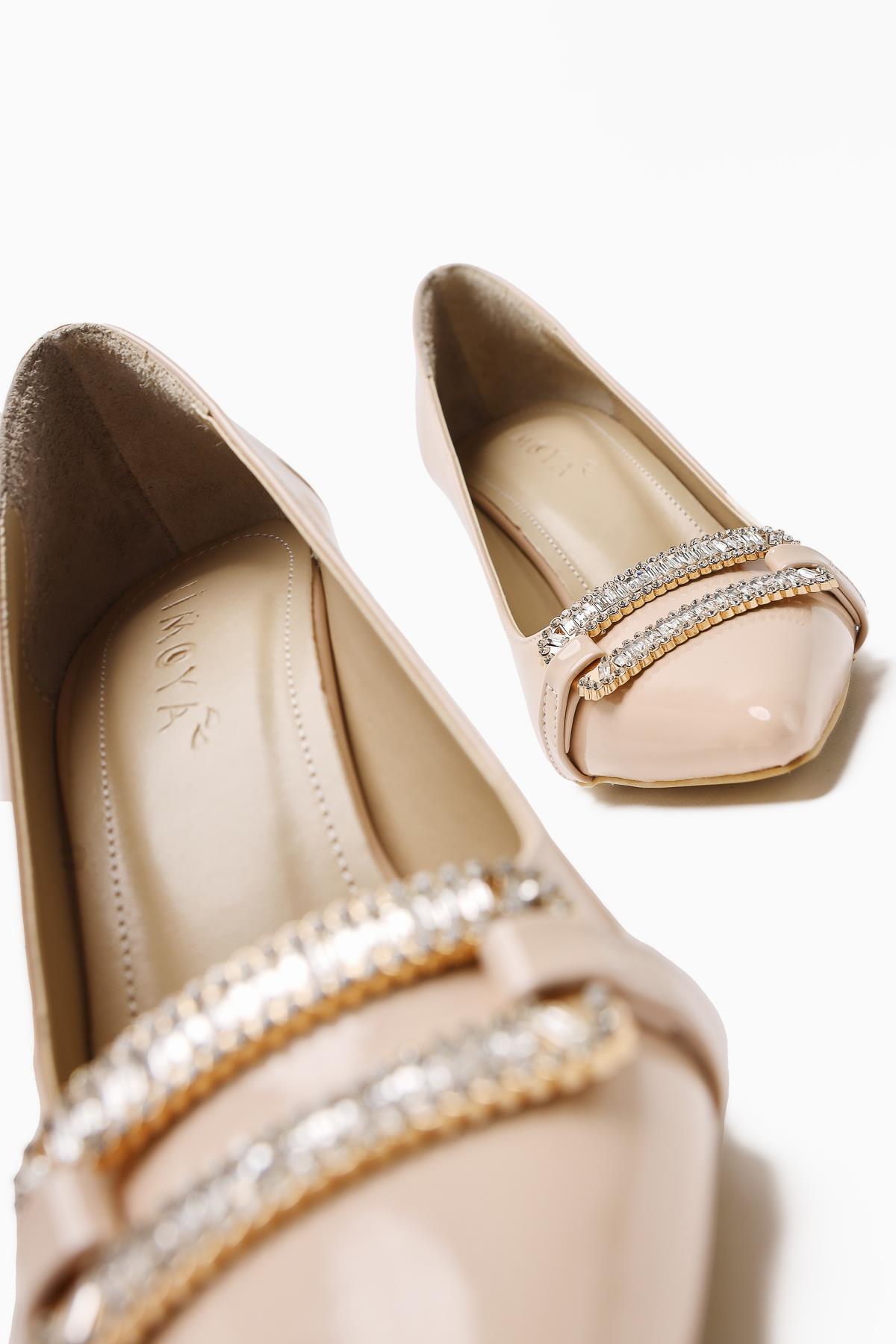 Ania Beige Patent Leather Pointed Toe Stone Buckle Detailed Heeled Women's Shoes