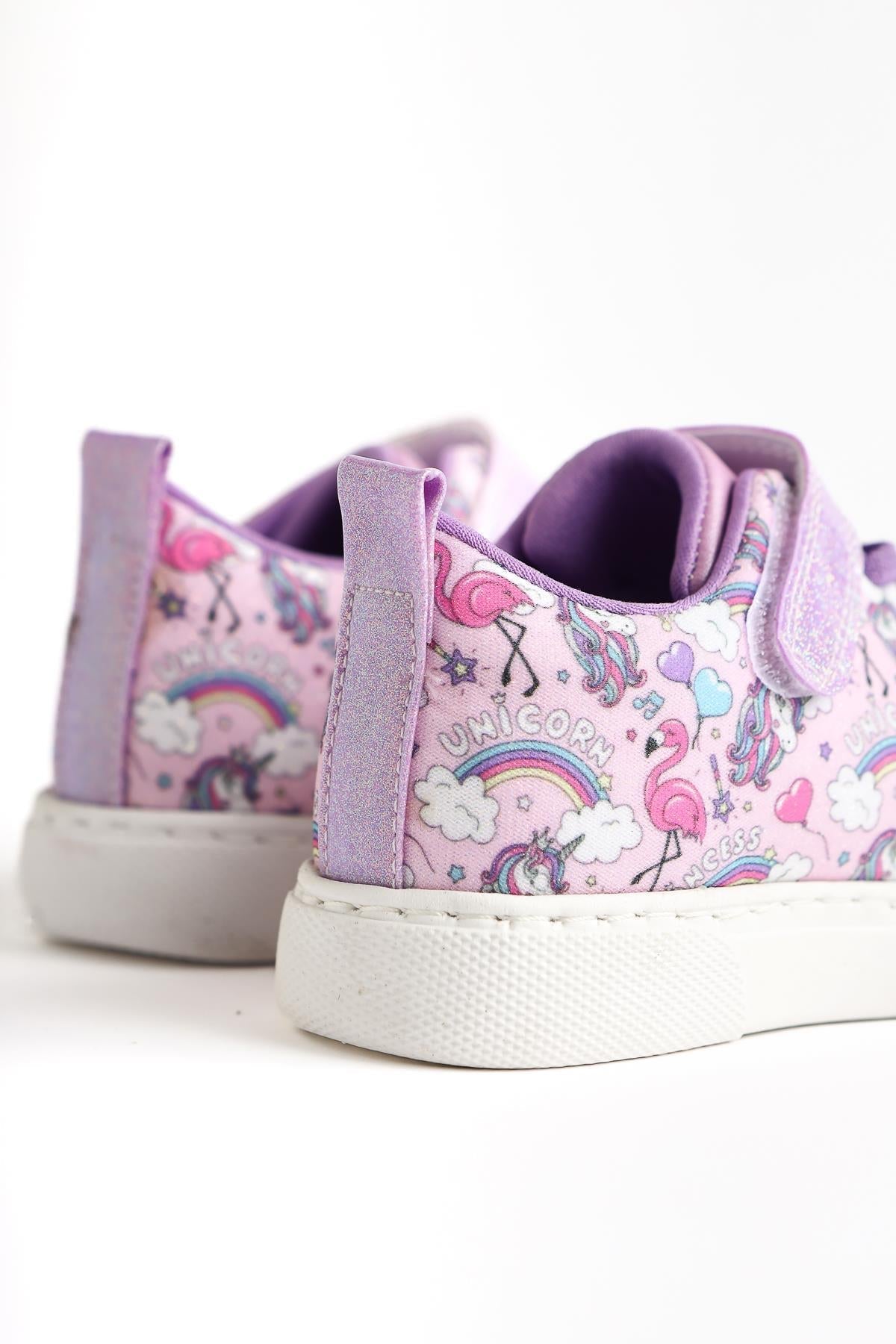 Elmy Flieder Gestreifte Charakterdruck Schnürschuhe mit Klettverschluss Detail Baby Sportschuhe