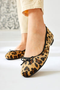 Sille Leopard Patterned Feathered Bow Detailed Ballerinas