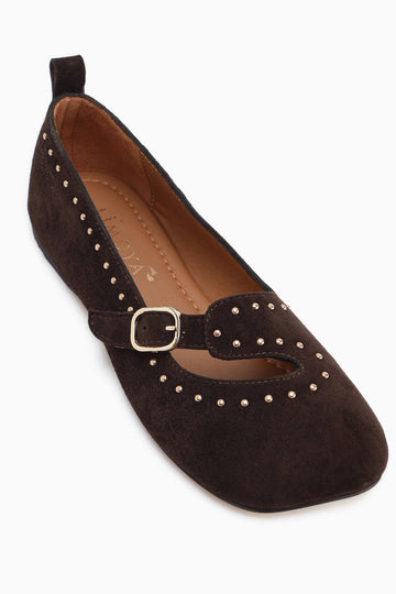 Nella Echtes Leder Braun Schnalle Quadrat Zehe Damen Ballerinas