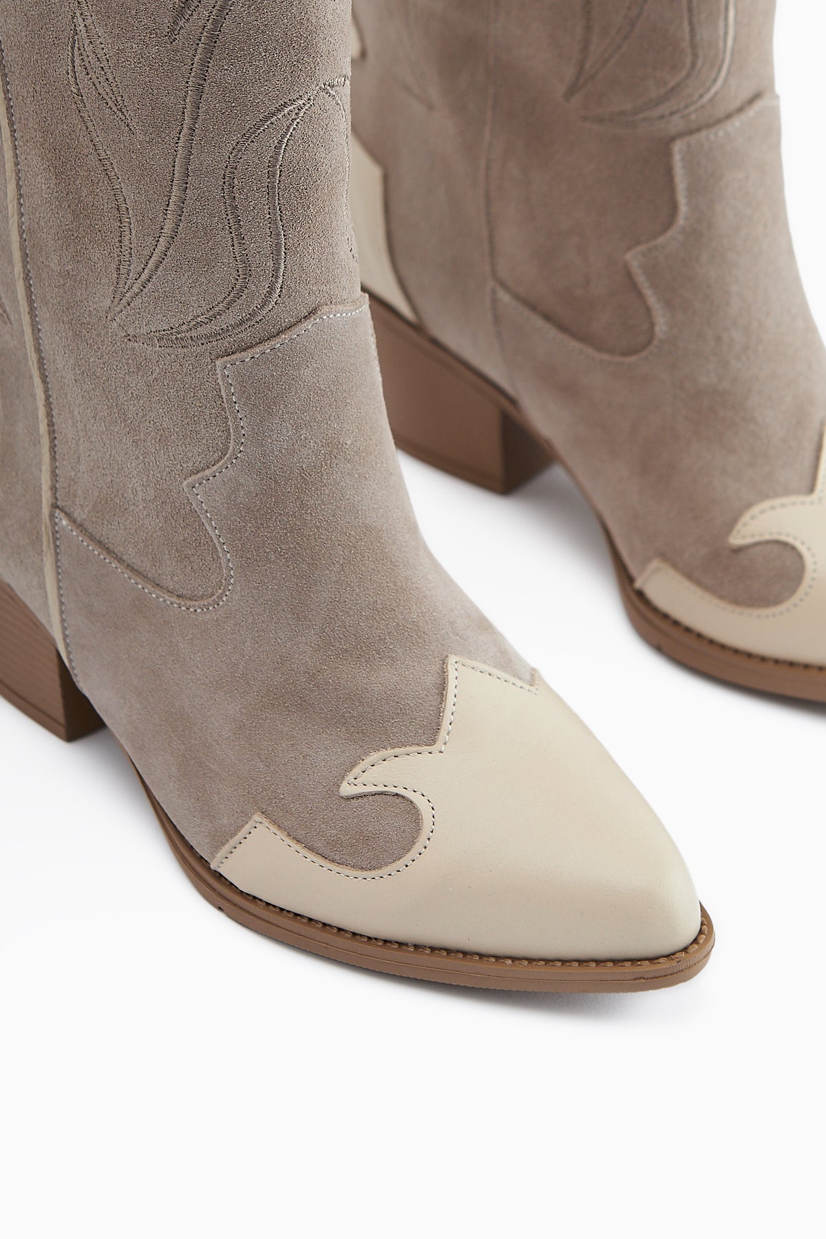 Lara Genuine Leather Beige Suede Embroidered Leather Detailed Heeled Western Boot