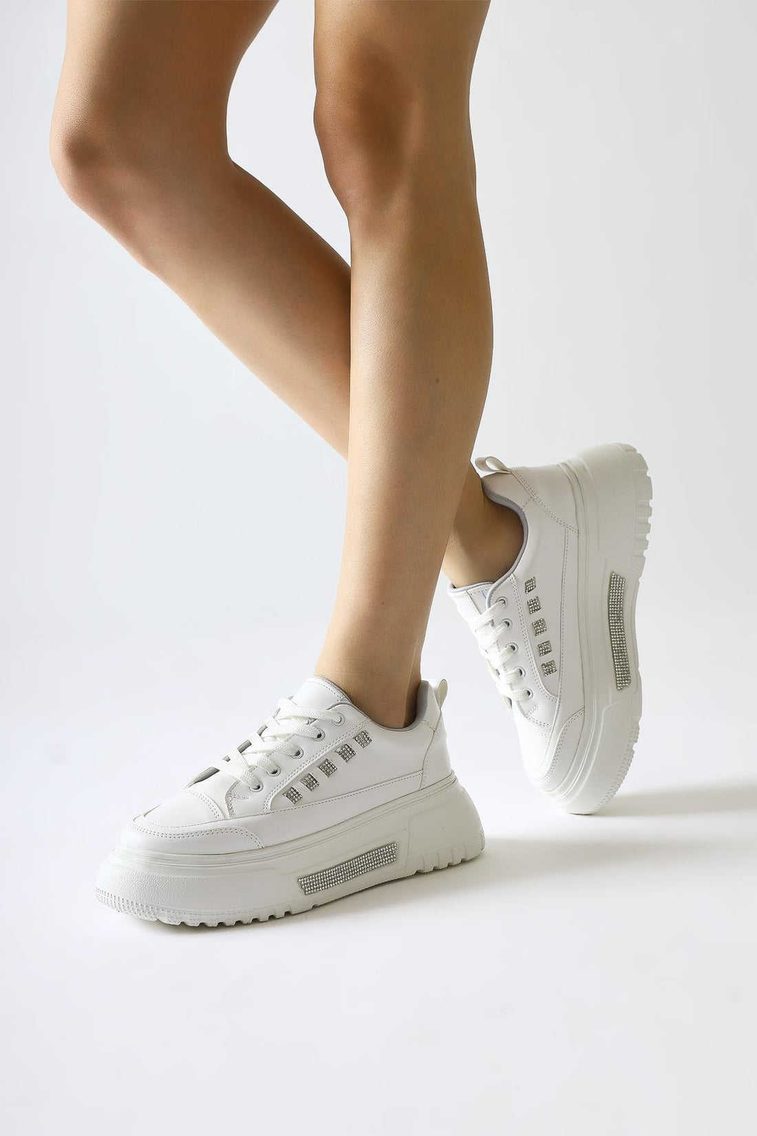 Tram White Thick Soled Stone Detailed Lace-Up Sneakers