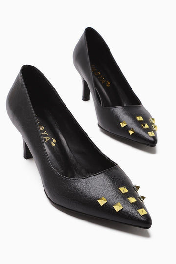 Anni Black Creased Patent Leather Pyramidal Studded Heeled Women's Shoes