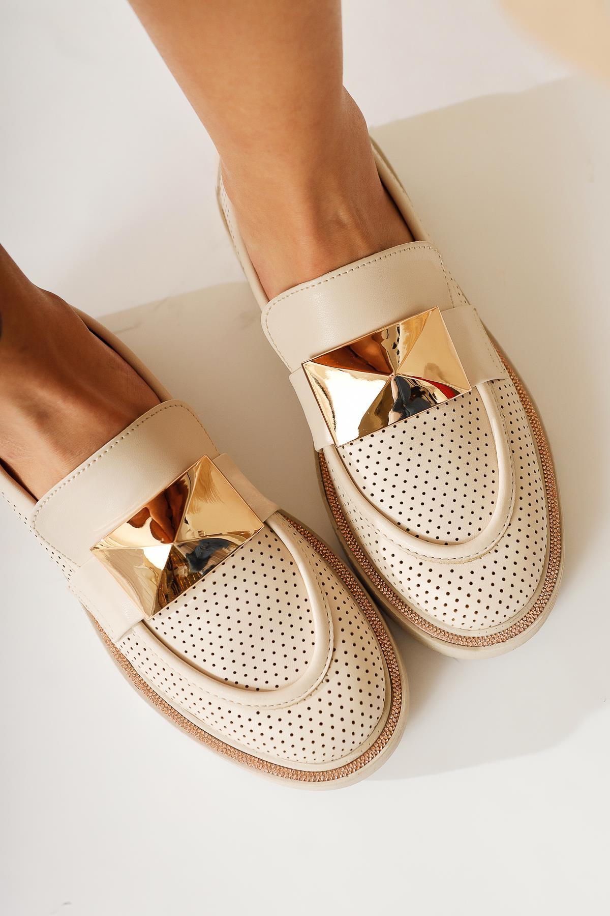 Khloe Beige Buckle Detail Perforated Loafers