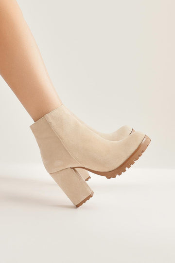 Bahiya – Nude Suede Zippered Oval-Toe Heeled Boot (Women)