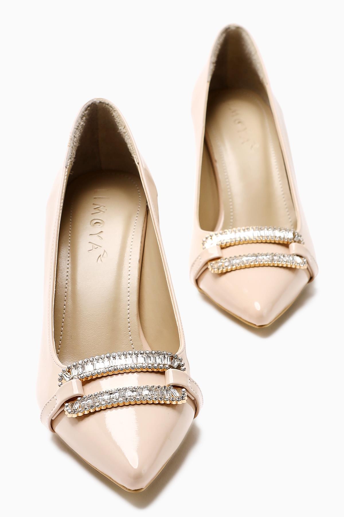 Ania Beige Patent Leather Pointed Toe Stone Buckle Detailed Heeled Women's Shoes