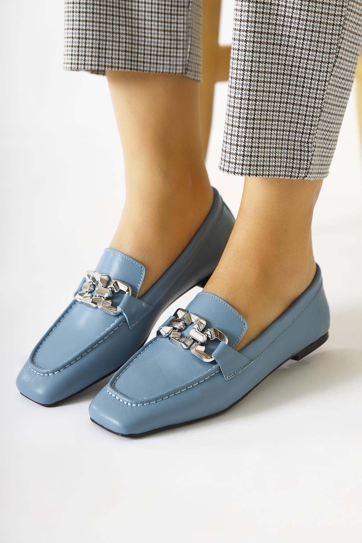 Asmin Echtes Leder Blaue Schnalle Detaillierte Quadratische Zehe Tägliche Damenschuhe