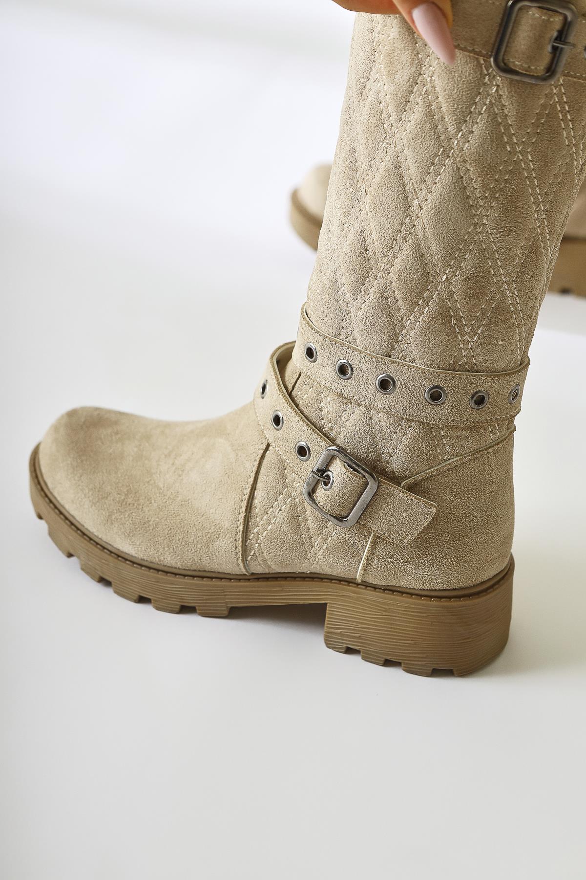 Carma Beige Suede Belt Detailed Quilted Stitch Boots