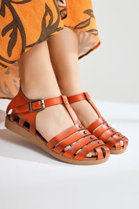 Genuine Leather Tori Orange Four-Strap Adjustable Flat Sandals