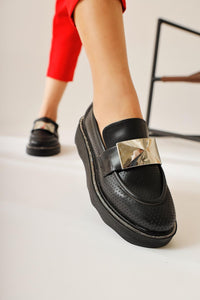 Khloe Black Buckle Detail Perforated Loafers