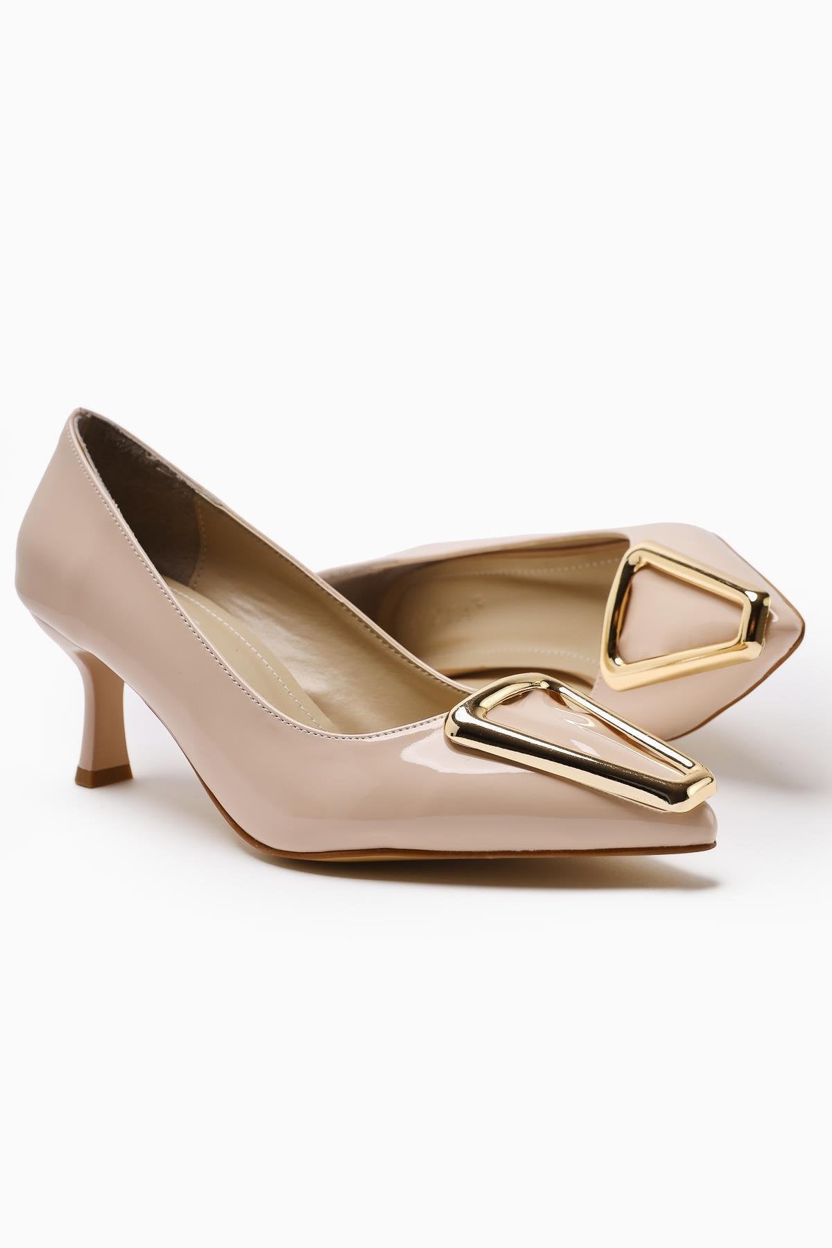 Carla Beige Patent Leather Pointed Toe Buckle Detailed Heeled Women's Shoes