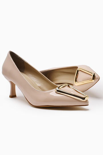 Carla Beige Patent Leather Pointed Toe Buckle Detailed Heeled Women's Shoes