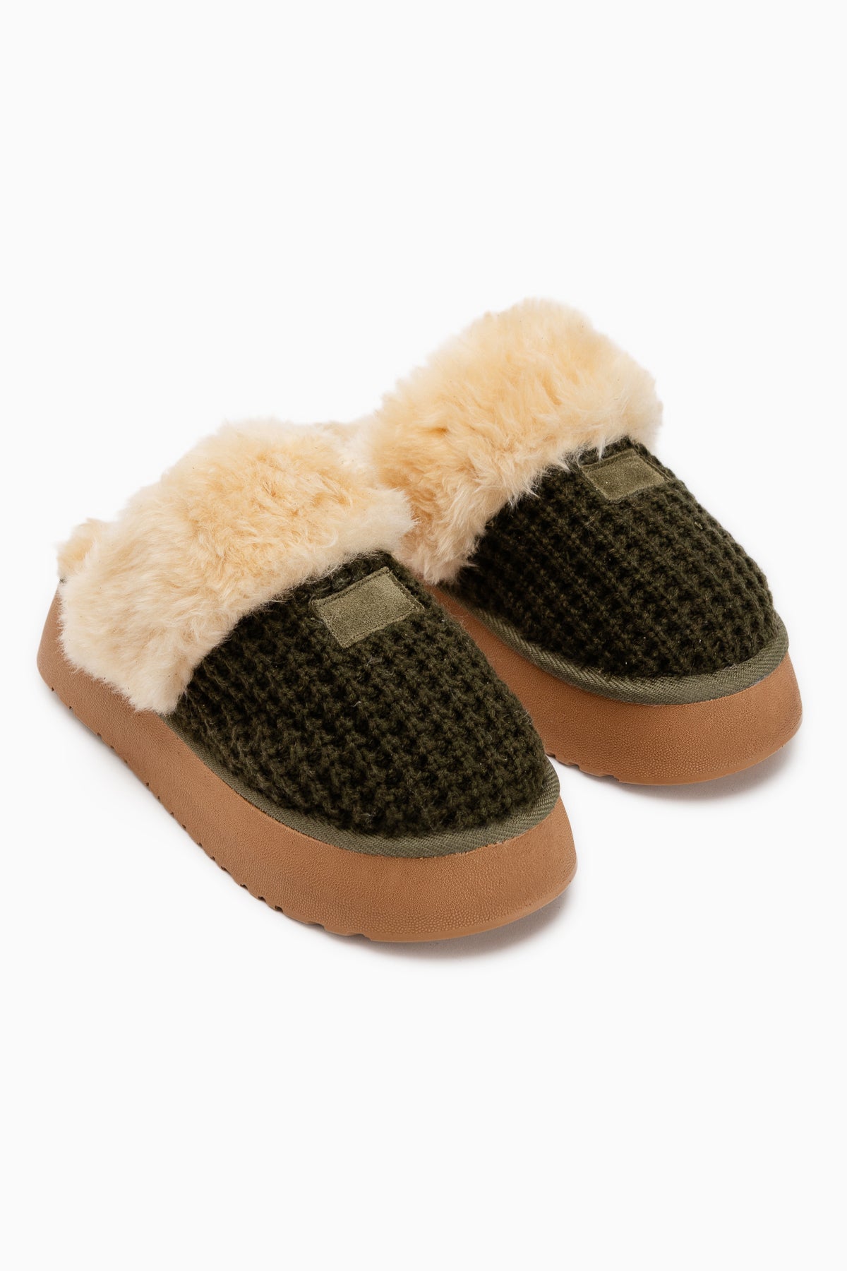 Mariza Khaki Plush Knit Fur Lined Women’s Slippers