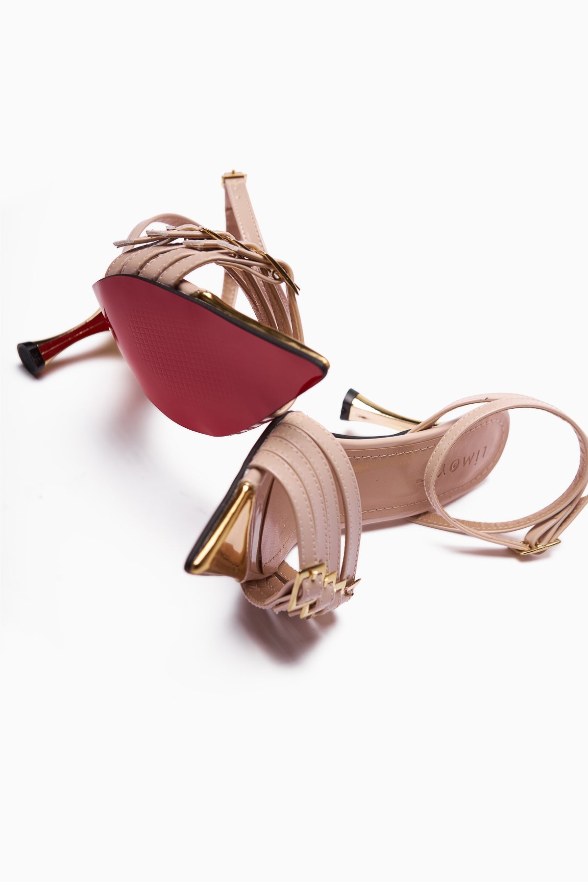 Helna Beige Gold-Schnallen Stiletto Knöchelriemen Damen Sandalen