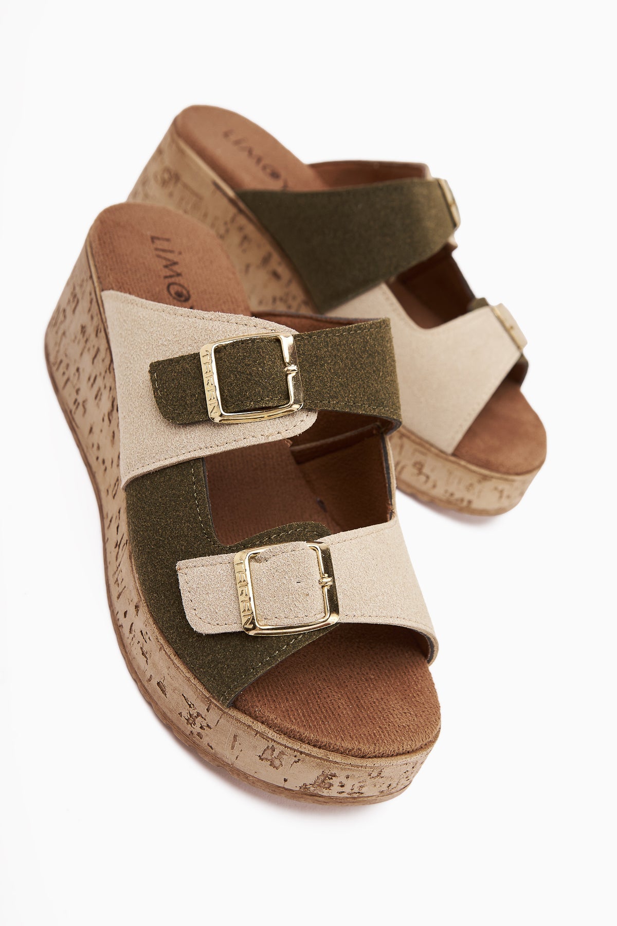 Samina Khaki Doppelriemen Blockabsatz Damen Hausschuhe