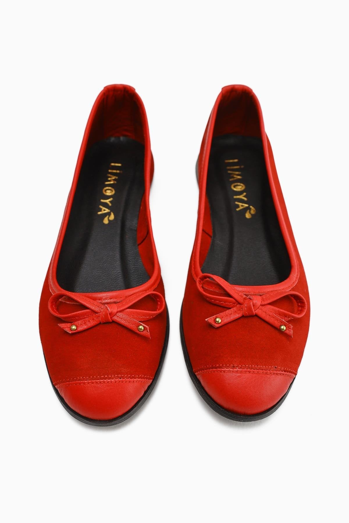 Genuine Leather Alfreda Red Suede Leather Detailed Bow Women's Ballerinas