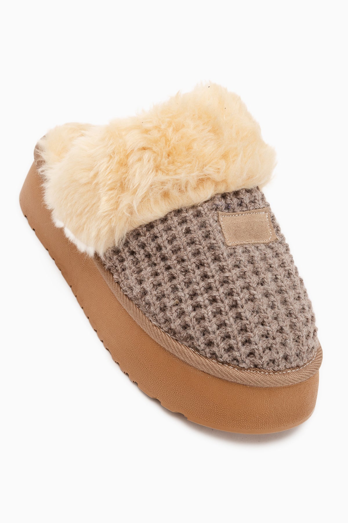 Mariza Beige Plush Knit Fur Lined Women’s Slippers