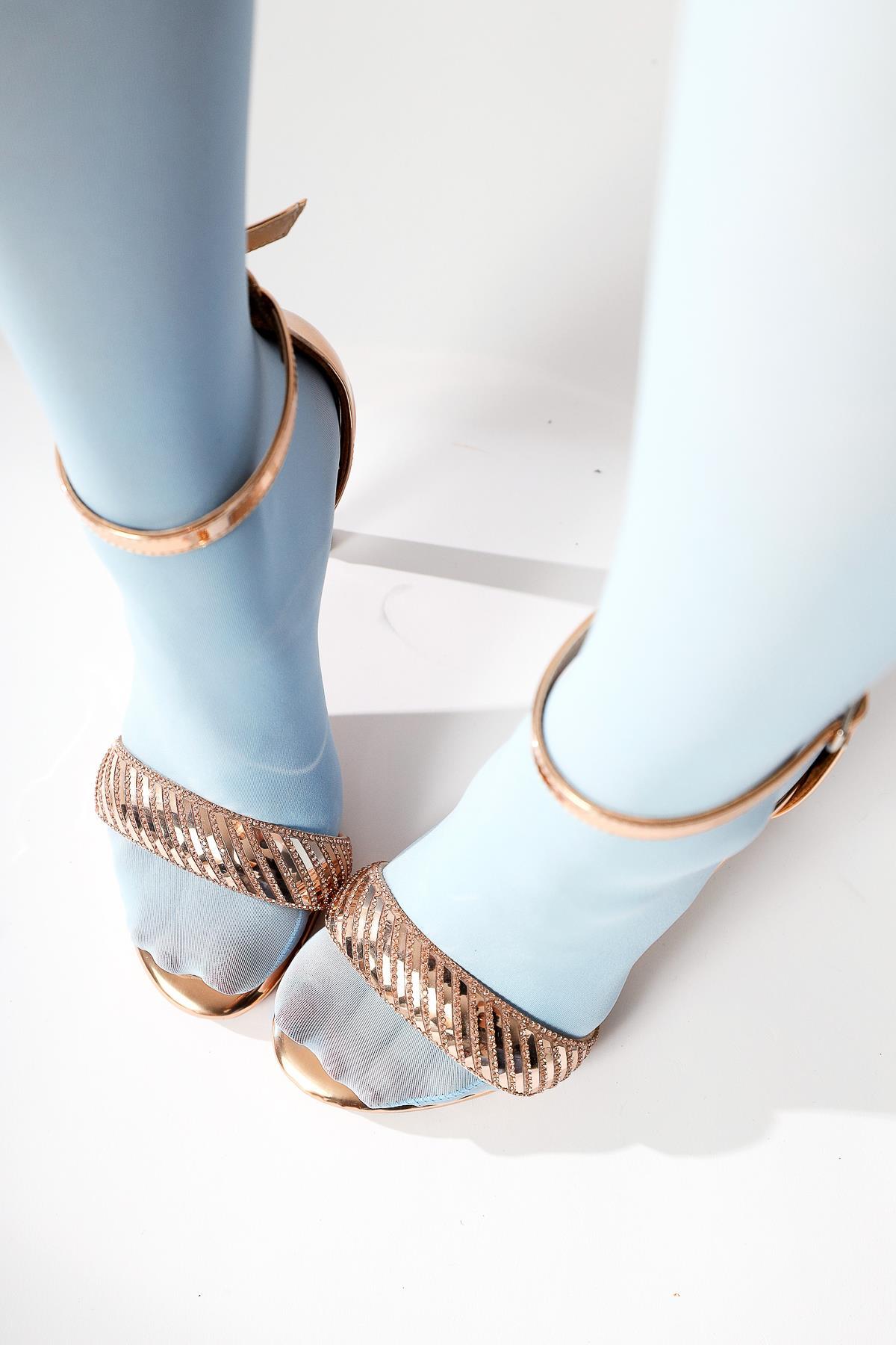 Lotus Gold Patent Leather Stone Detailed Strappy Thin Heeled Shoes