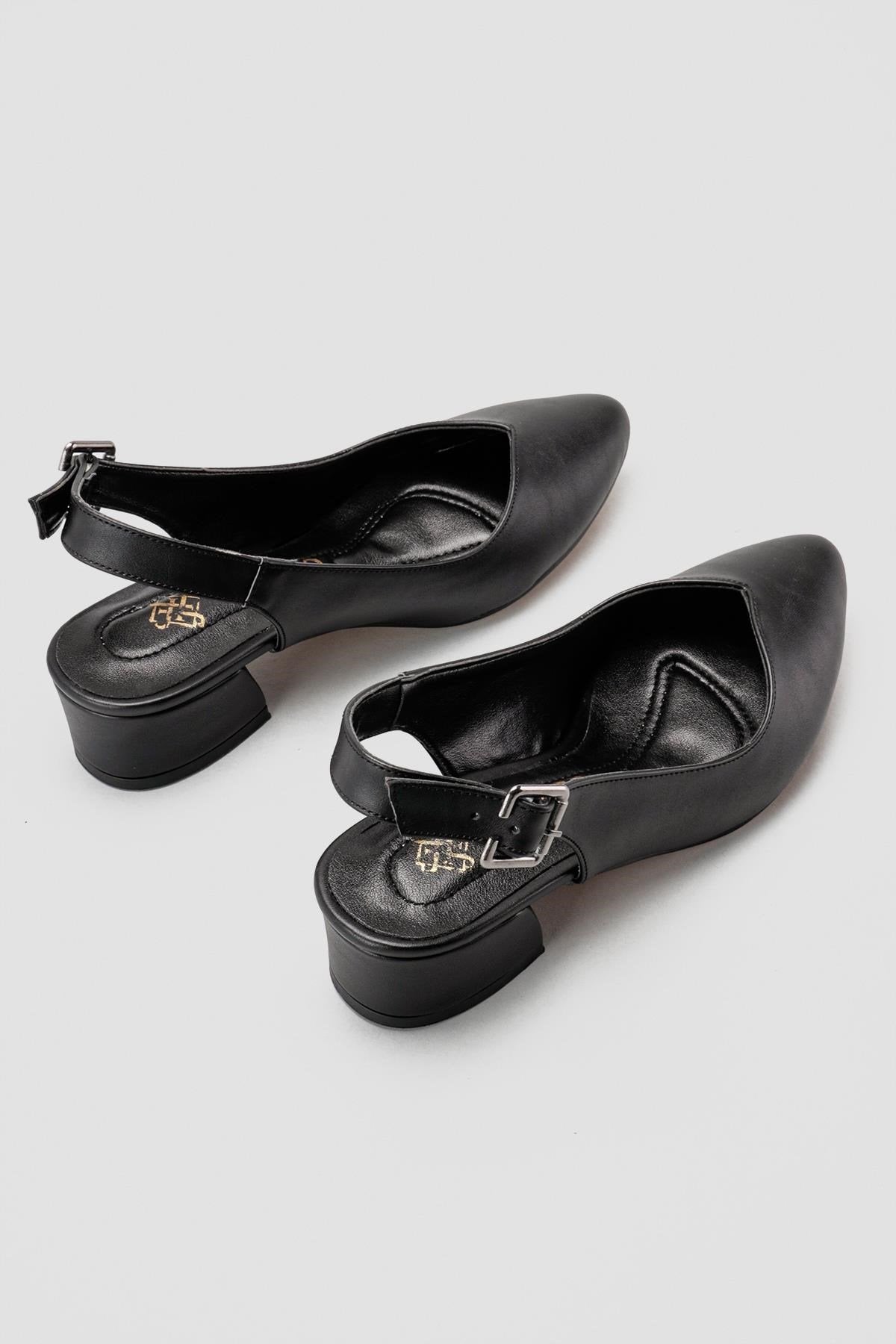 Henrietta Black Pointed Toe Low Heel Sandals