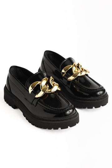 Janine – Schwarz Lack Loafer mit Schnallen-Detail (Kinder)