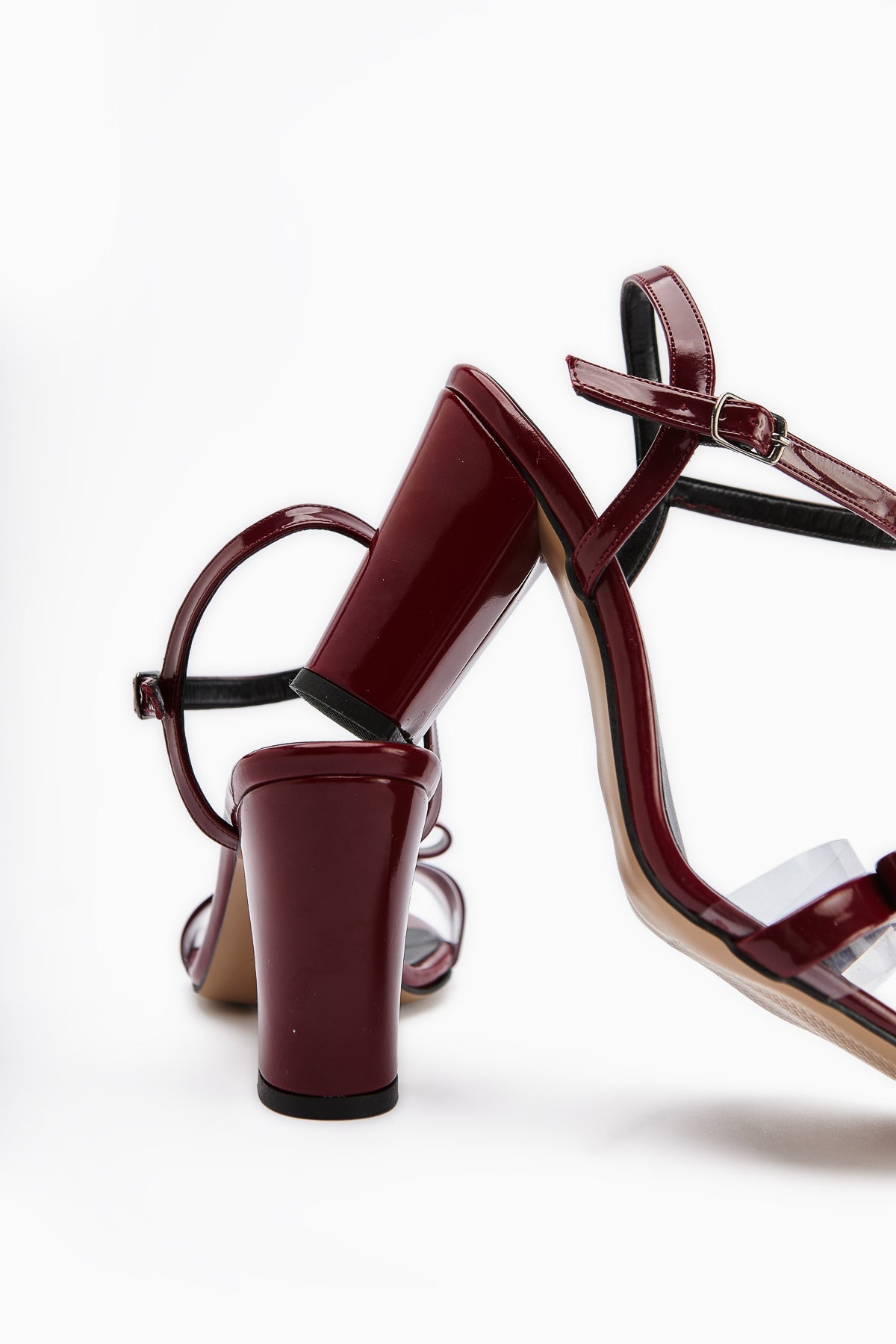 Joyce Maroon Lackleder Dicke Absatz Knöchel-Bindung Schleife Damen Sandalen