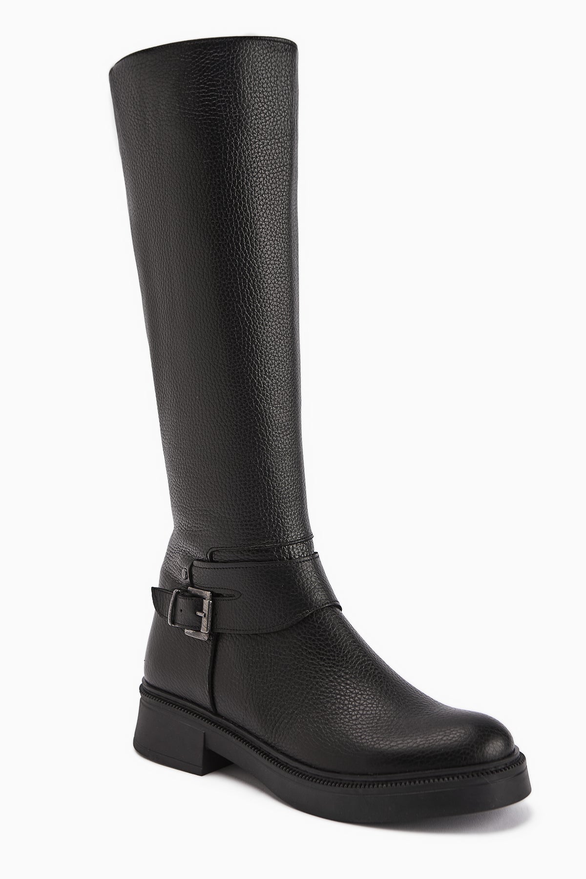 Penda Genuine Leather Black Buckle Detail Women's Zippered Boot
