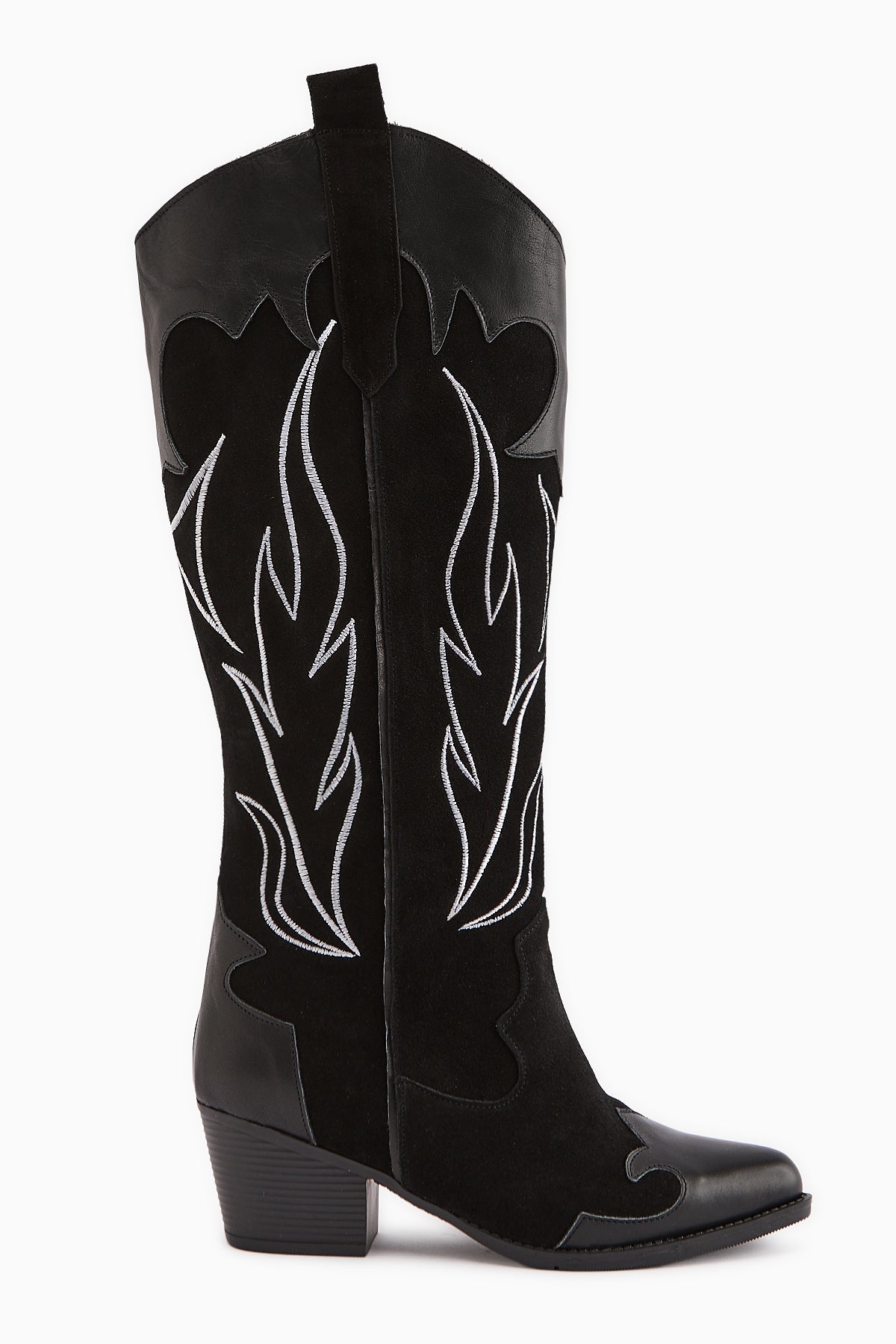 Lara Genuine Leather Black Suede Embroidered Western Boot with Leather Detail