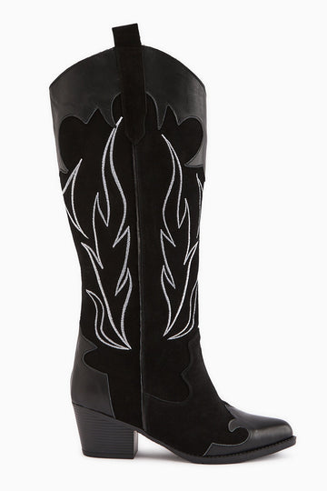 Lara Genuine Leather Black Suede Embroidered Western Boot with Leather Detail