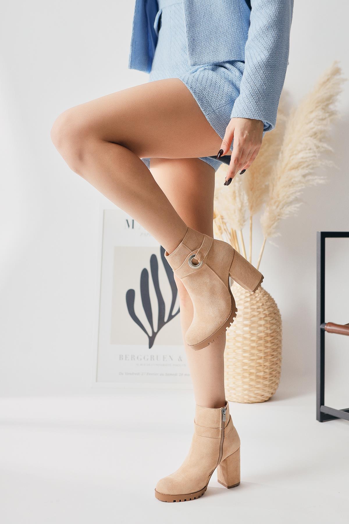 Destina Cream Suede Oval Toe Ankle Accessory Heeled Boots