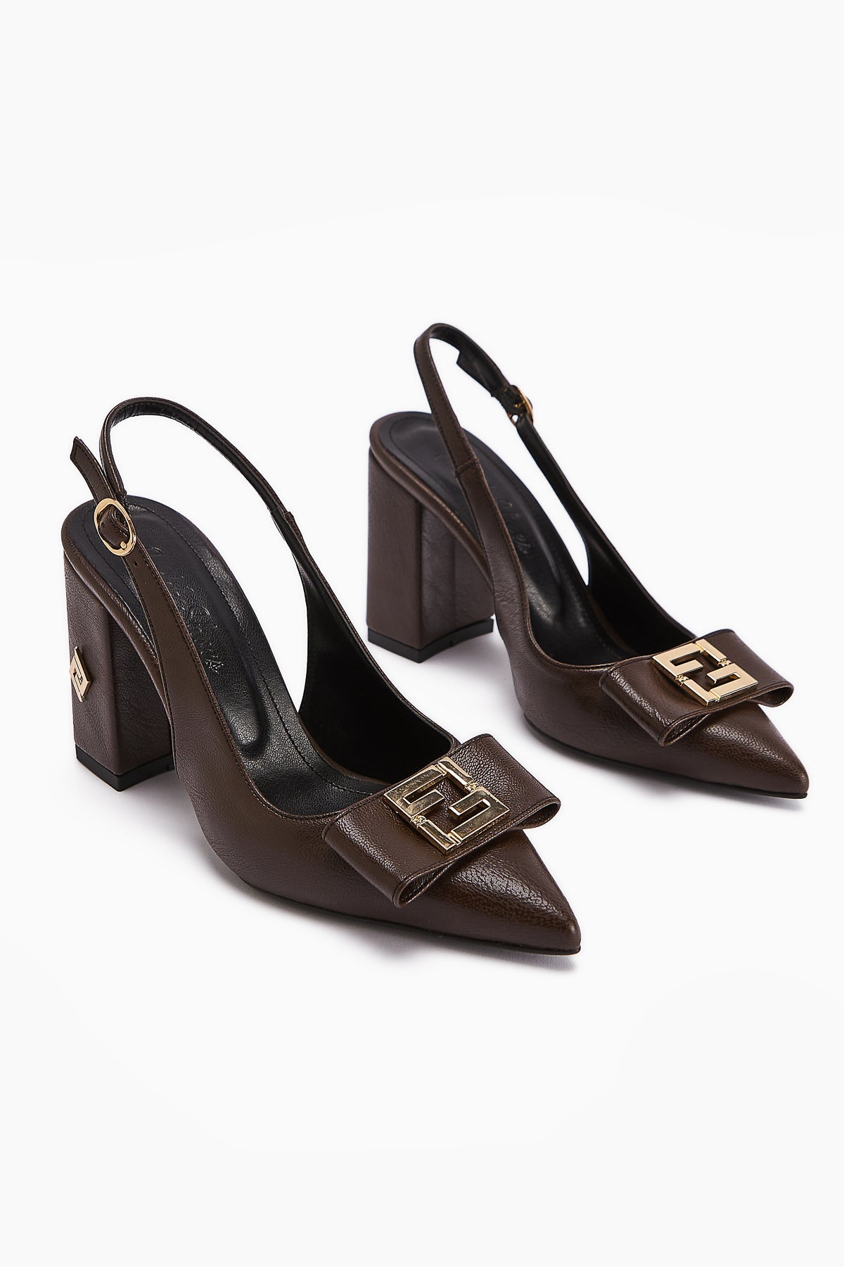 Yupin Brown Closed Toe High Heel Women's Shoe with Metal Detail