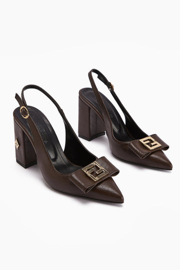 Yupin Brown Closed Toe High Heel Women's Shoe with Metal Detail