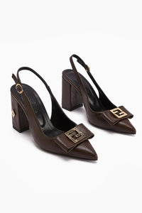 Yupin Brown Closed Toe High Heel Women's Shoe with Metal Detail