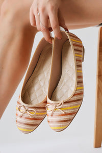 Melin Cream Striped Printed Bow Detailed Ballerinas