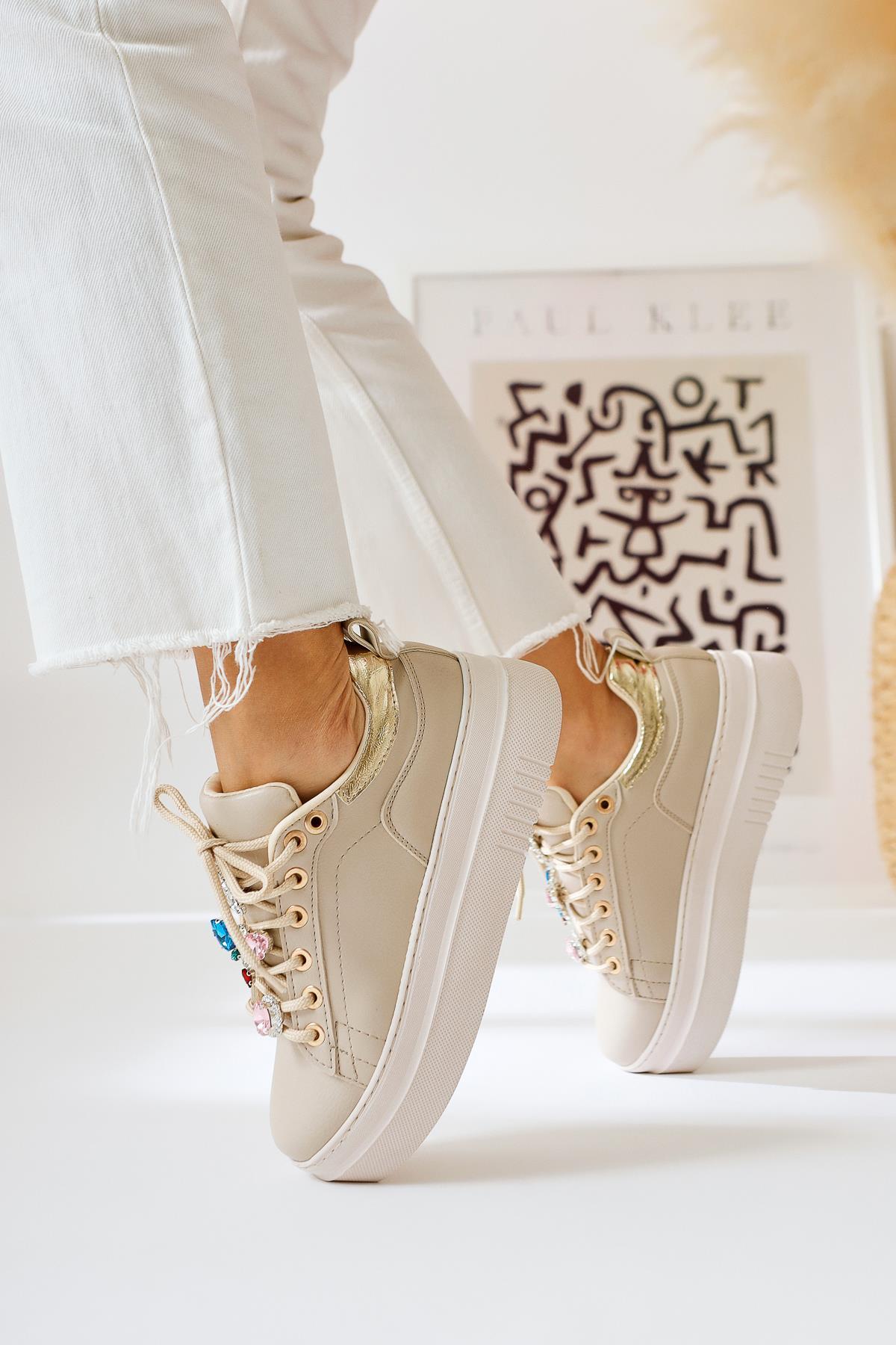 Deena Beige Thick Soled Stone Detail Sneakers
