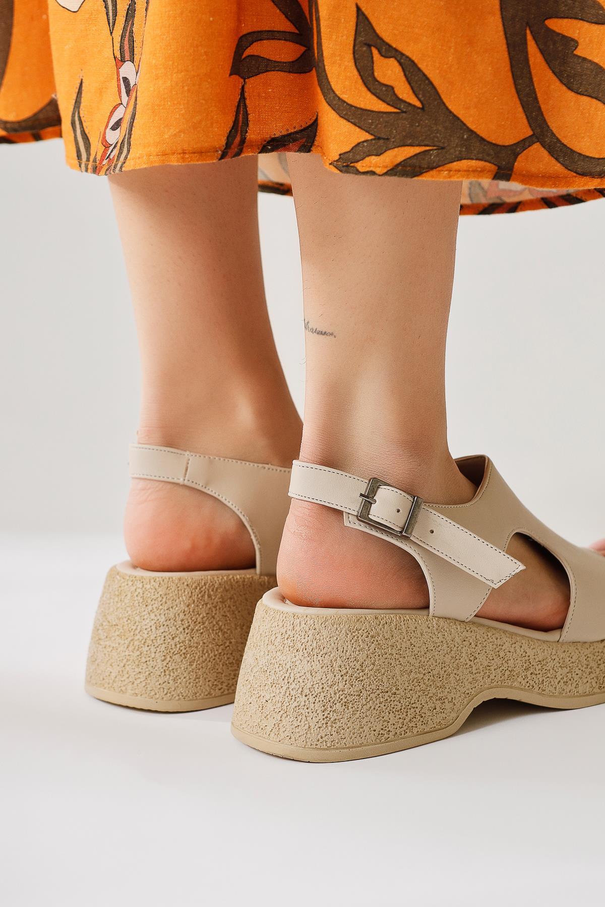Muge Beige Open Toe Strappy Thick Sole Sandals