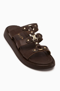 Blenda Genuine Leather Brown Buckled Women’s Slippers