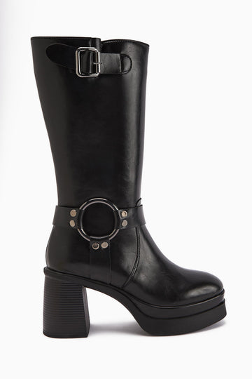 Beris Black Buckle Detail Platform High Heel Women's Boot