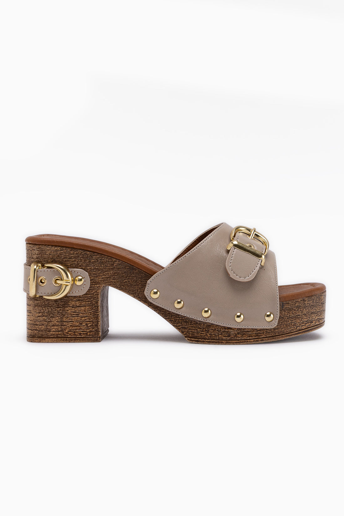 Edita Beige Schnalle Detail Plattform Absatzschuhe Damen Pantoletten