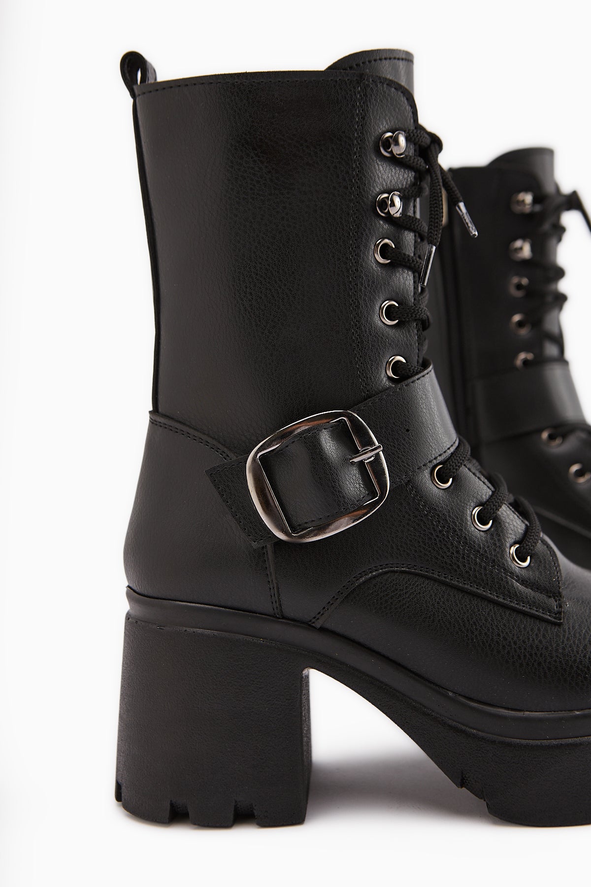 Caklin Women's Black Platform Heeled Boot with Belt Detail