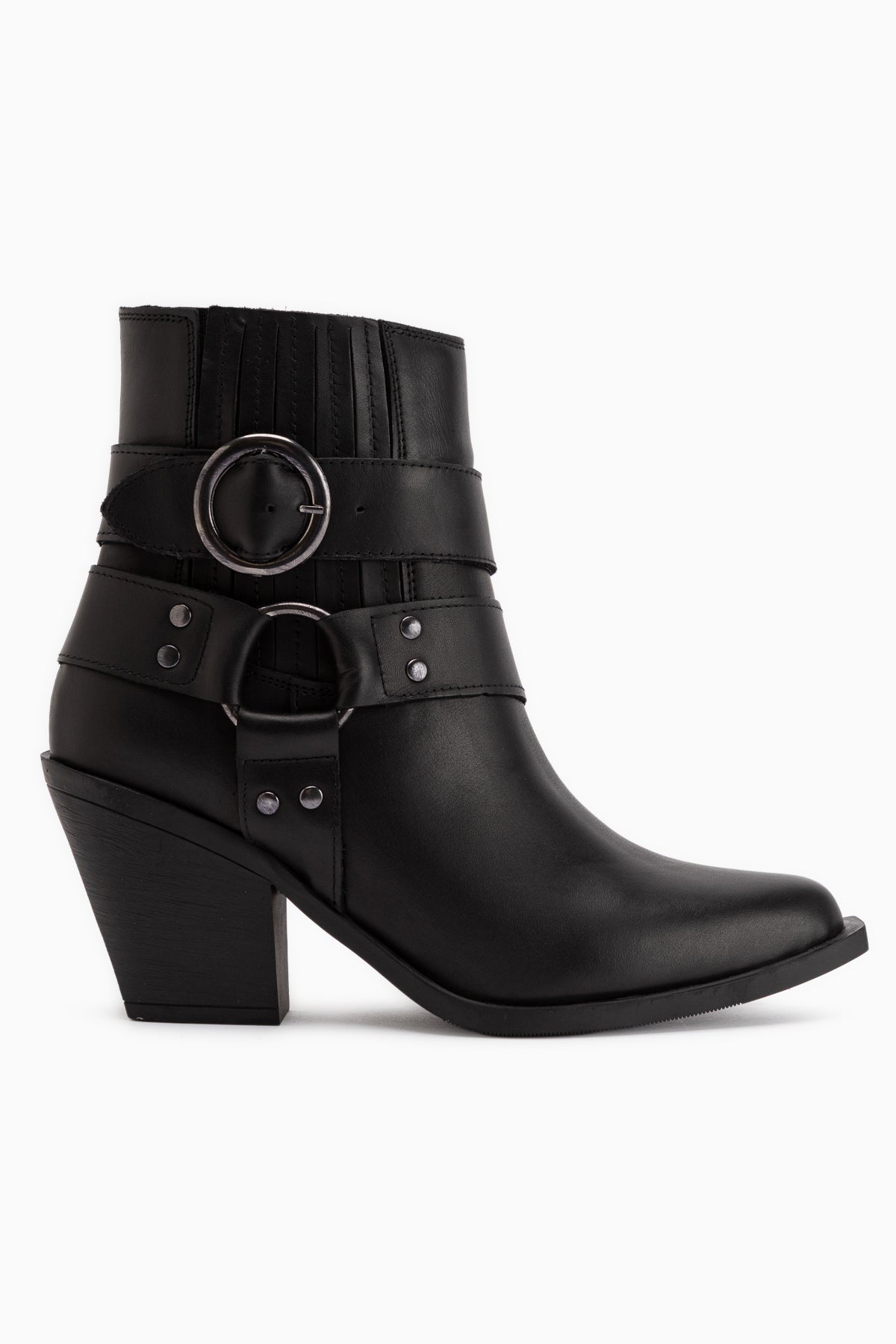 Yuri Echtes Leder Schwarz Doppel Schnalle Dick Absatz Damen Cowboy Stiefel