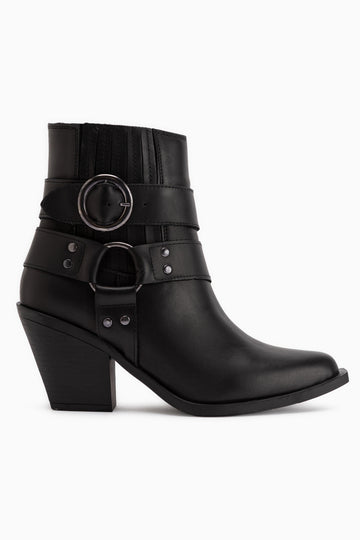 Yuri Echtes Leder Schwarz Doppel Schnalle Dick Absatz Damen Cowboy Stiefel