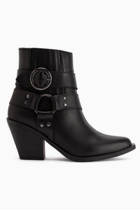 Yuri Echtes Leder Schwarz Doppel Schnalle Dick Absatz Damen Cowboy Stiefel