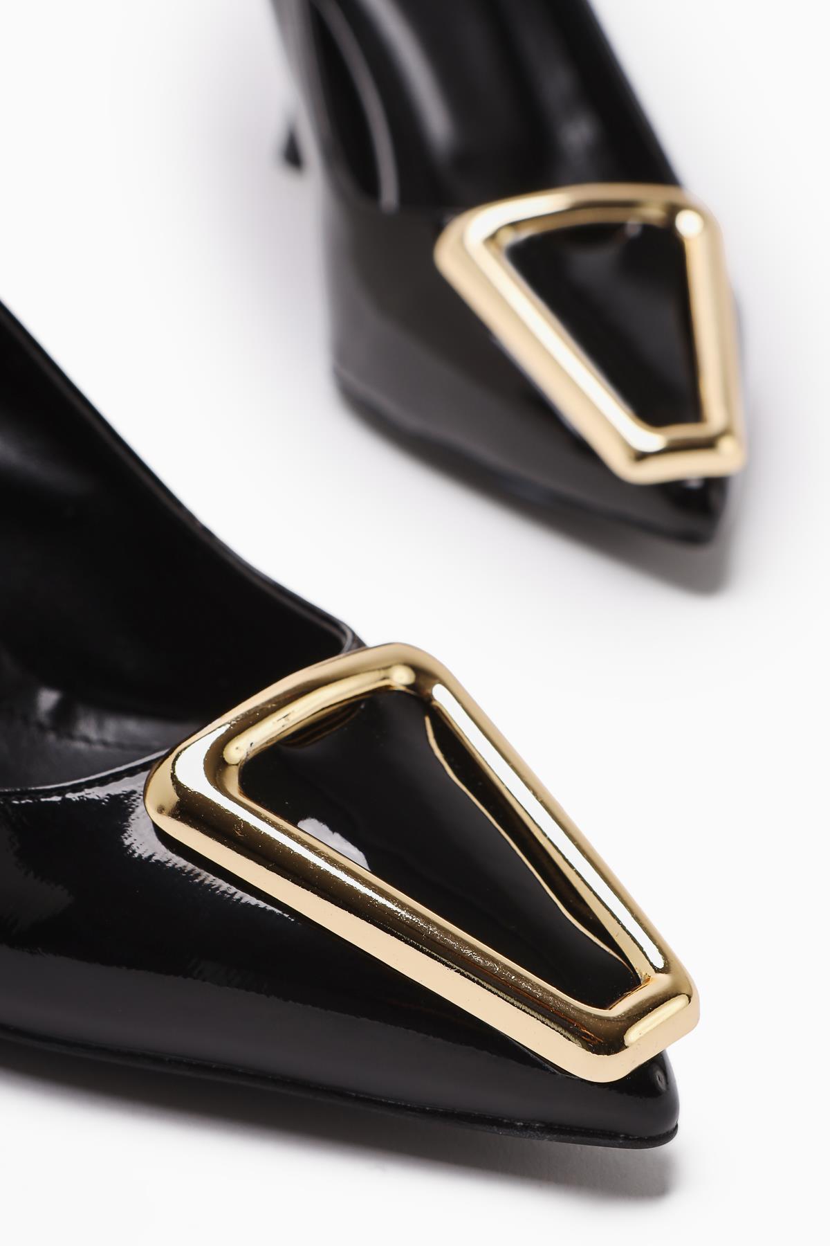 Carla Beige Patent Leather Pointed Toe Buckle Detailed Heeled Women's Shoes