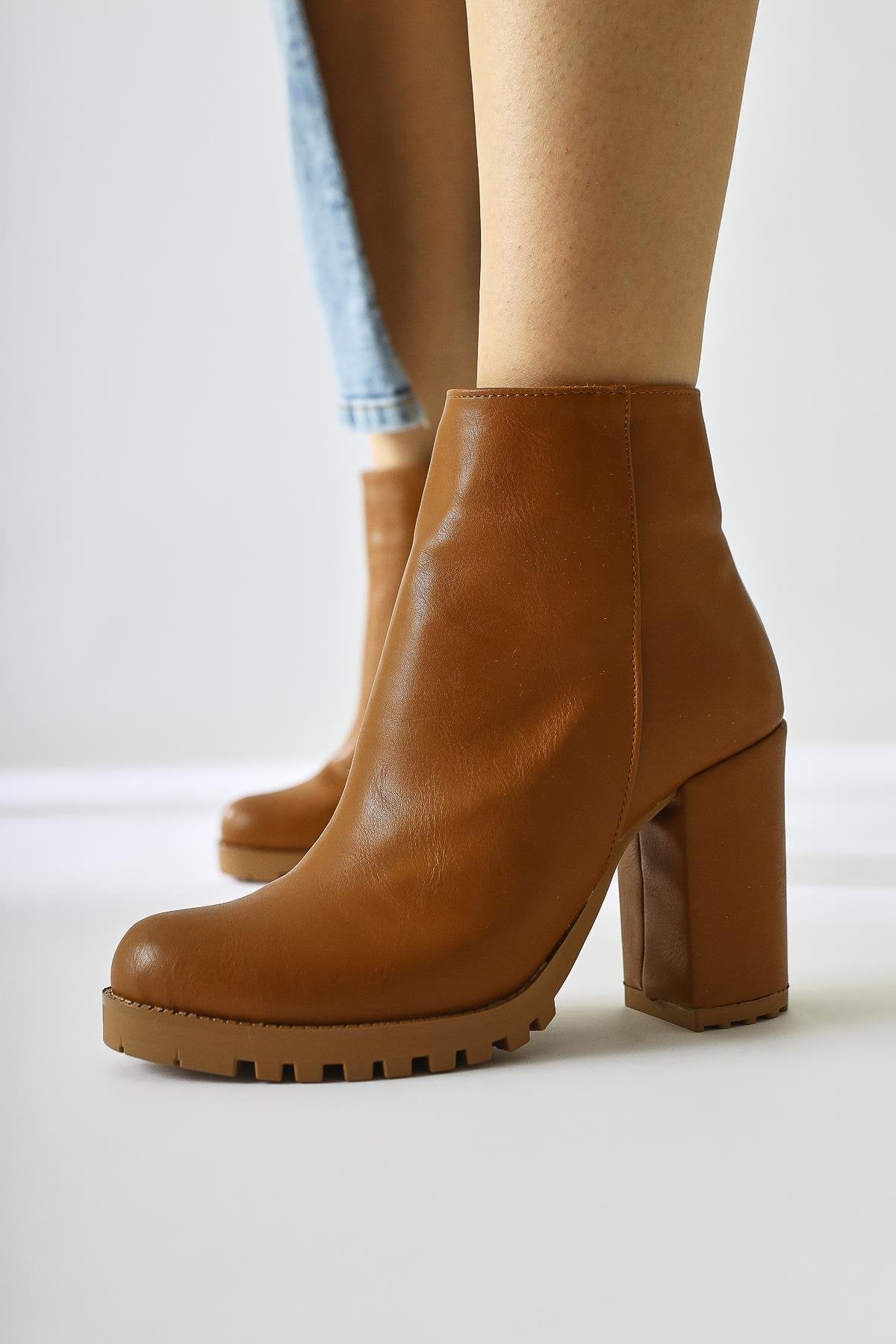 Bahiya – Cognac Oval-Toe Zippered Heeled Boot (Women)