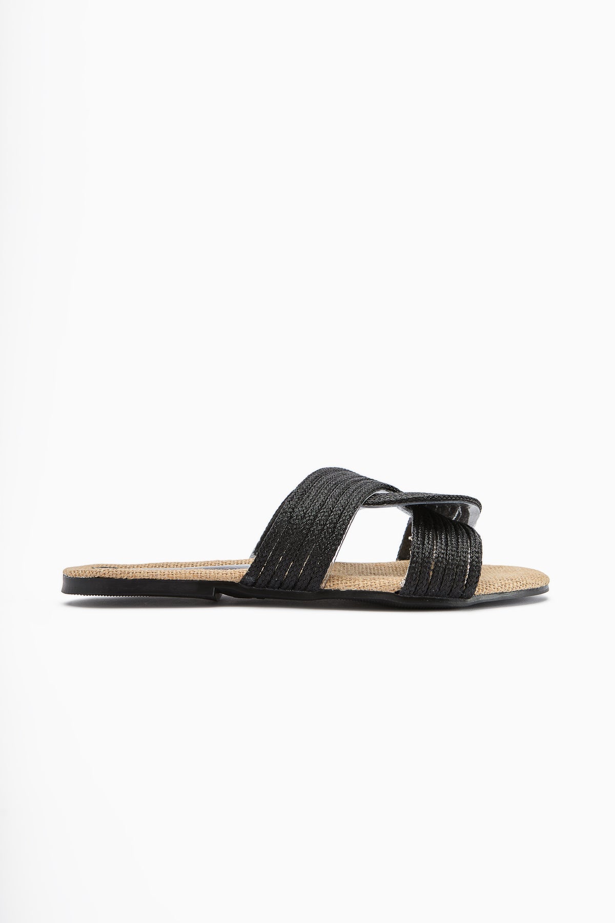 Nihaal Schwarze Stroh-Kreuzriemen Flache Damen Hausschuhe